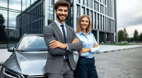 Uomo e donna sorridono accanto a un'auto, con un edificio moderno sullo sfondo. Potrebbero essere in procinto di consultare una tabella rimborso chilometrico.