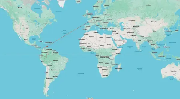 Reiseroute für Kolumbien Backpacking: Von Europa über den Atlantik nach Südamerika.