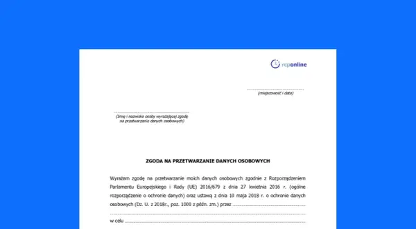 Formularz zgody na przetwarzanie danych osobowych. Podpisujesz dokument, który reguluje Twoje dane.