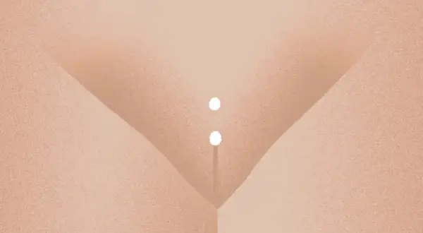 Ilustracja przedstawiająca kobiece okolice intymne z dwoma białymi koralikami piercingu.