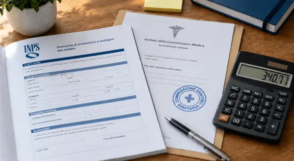 Documenti INPS per domanda di prestazioni a sostegno del reddito e verbale commissione medica, con calcolatrice che mostra 340,77. Superamento reddito invalidità civile in corso.