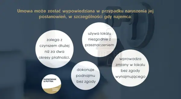 Umowa może zostać wypowiedziana, gdy najemca zalega z czynszem dłużej niż za dwa okresy płatności, używa lokalu niezgodnie z przeznaczeniem, dokonuje podnajmu bez zgody lub wprowadza zmiany bez zgody wynajmującego.
