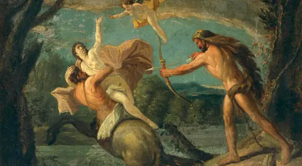 Hercule, fils de Zeus, tire une flèche sur un centaure qui enlève une femme. Un putto ailé observe la scène.