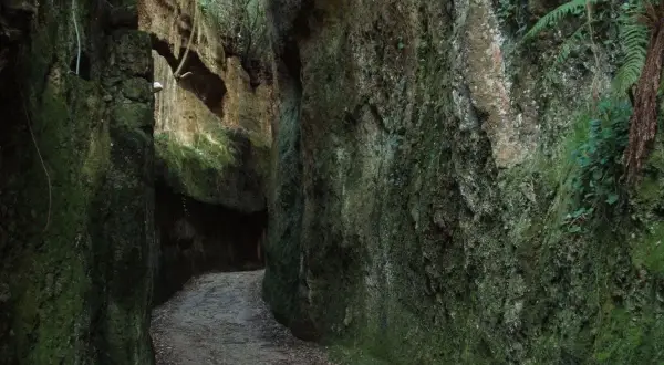 Sentiero tra le rupi corchiano, con pareti rocciose ricoperte di muschio e vegetazione.