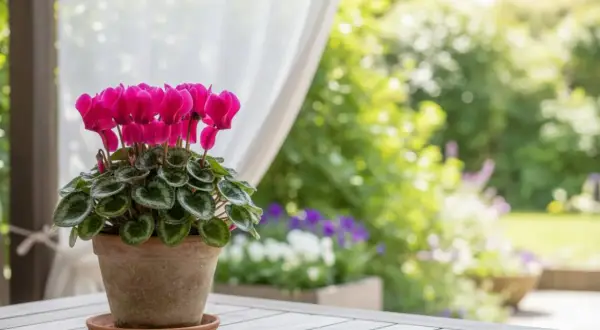 Un vaso di ciclamino rosa fiorito su un tavolo di legno, con un giardino rigoglioso sullo sfondo. La cura del ciclamino è fondamentale per la sua fioritura.