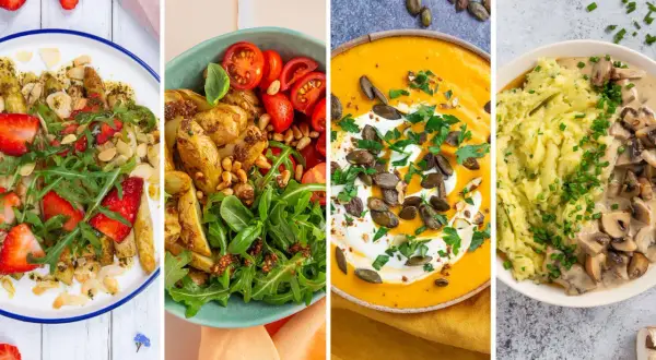 Vier leckere saisonale Rezepte: Spargelsalat mit Erdbeeren, Kartoffelsalat mit Tomaten, Kürbissuppe mit Kernen und Kartoffelbrei mit Pilzrahmsoße.