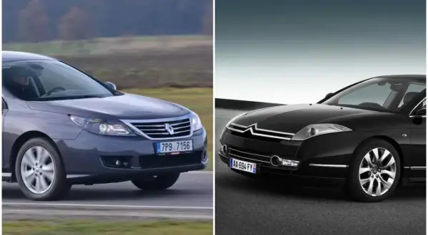 Szary Renault Latitude i czarny Citroen C6 na tle krajobrazu i gradientu.