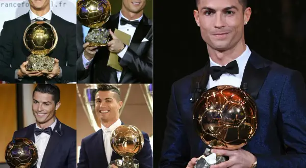 Cristiano Ronaldo z Złotą Piłką w różnych momentach kariery.