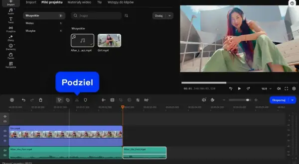 Edytor wideo pokazuje, jak dodać muzykę do filmu. Na osi czasu widać klip wideo i ścieżkę audio.