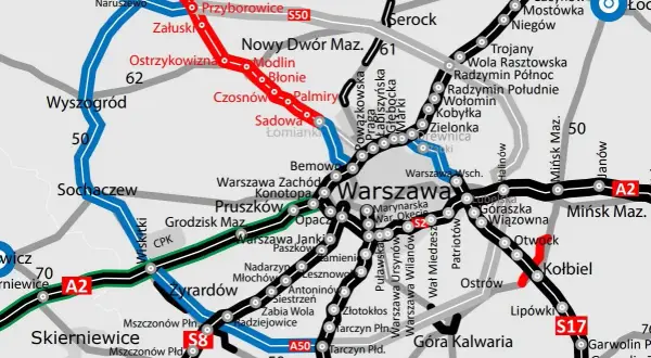 Mapa pokazuje przebieg autostrady A50, zaznaczonej na czerwono, od Poczernina przez Nowy Dwór Mazowiecki do Kołbieli.