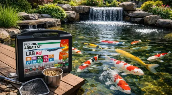 Un kit de test JBL pour bassin de carpes koï, montrant qu'est-ce que les nitrites (NO2) et d'autres paramètres essentiels pour une eau saine.