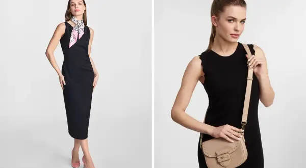 Elegancka czarna sukienka z beżowymi butami i torebką. Idealny zestaw na wieczorne wyjście.