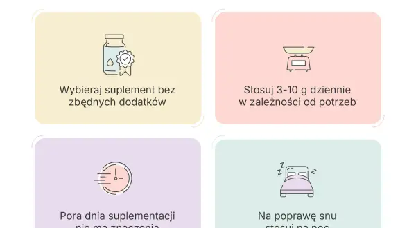Wskazówki dotyczące suplementacji glicyny: wybieraj czysty produkt, stosuj 3-10g dziennie, pora dnia nie ma znaczenia. Glicyna skutki uboczne są rzadkie, ale stosuj na noc dla lepszego snu.