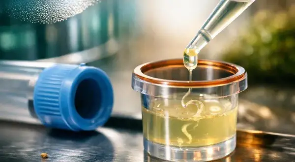 Kropla płynu z pipety wpada do naczynia laboratoryjnego, gdzie czeka już próbka. Czy to początek analizy, co to jest?