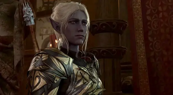 Mroczny elf w zbroi, zamyślony, być może rozważa swoje baldur's gate 3 romanse.