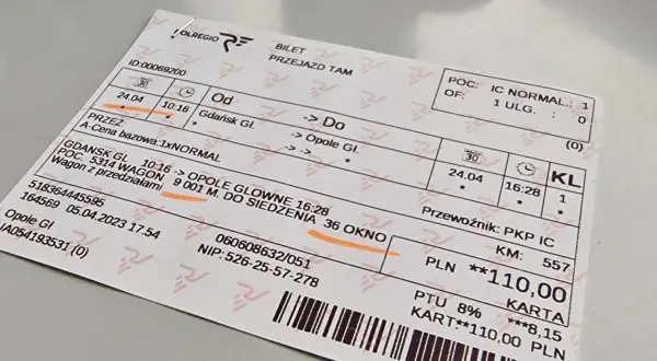Bilet PKP z Gdańska do Opola, ważny 24.04. Jak zaksięgować bilet PKP? Cena 110 zł.