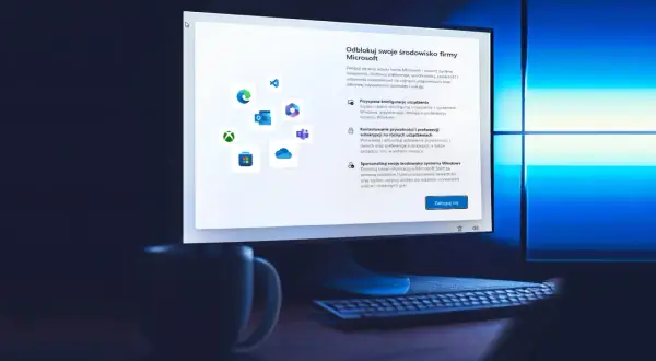 Ekran logowania Windows 11, pokazujący opcje konfiguracji środowiska Microsoft. Możliwe jest logowanie bez konta Microsoft.