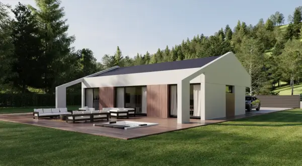 Moderna casa con cubierta a dos aguas, terraza con jacuzzi y muebles de exterior, rodeada de un jardín y un bosque.