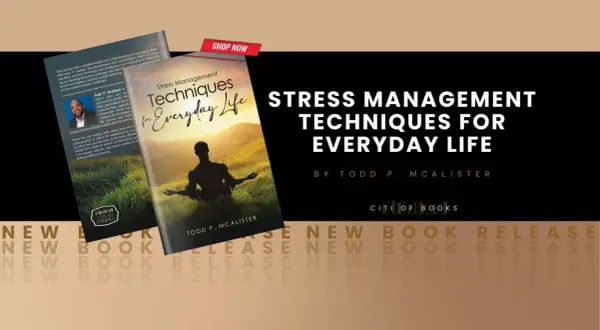 Książki o stresie: "Stress Management Techniques for Everyday Life" Todda P. McAlistera, z sylwetką medytującą na okładce.