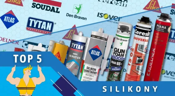 Różne rodzaje silikonów i pianek montażowych na tle logo producentów.