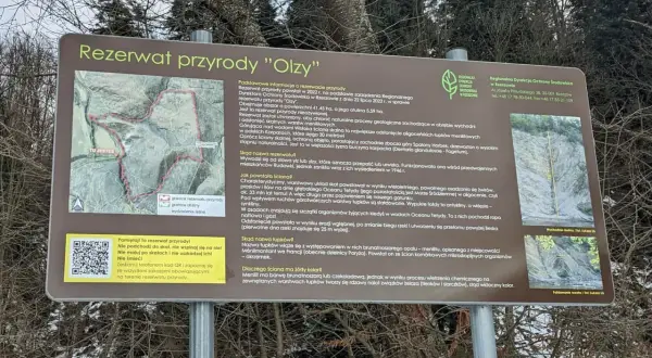 Wyjaśnienie genezy i nazwy rezerwatu przyrody "Olzy", z naciskiem na jego charakterystyczną, żółtą ścianę skalną.