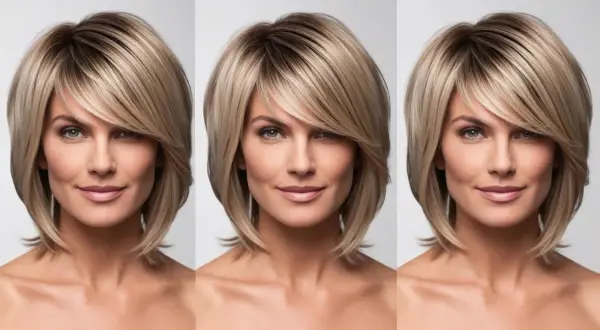 Trzy identyczne portrety kobiet z blond włosami i asymetryczną grzywką. Różne rodzaje grzywek mogą odmienić wygląd.