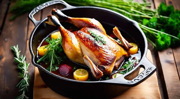Un plat appétissant de cuisse de canard rôtie, baignant dans sa sauce, garni de citrons, d'oignons rouges et d'herbes fraîches.