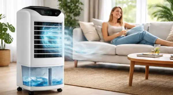 Un climatiseur sans sortie extérieure diffuse une brise fraîche. Une femme détendue sur un canapé profite du confort.