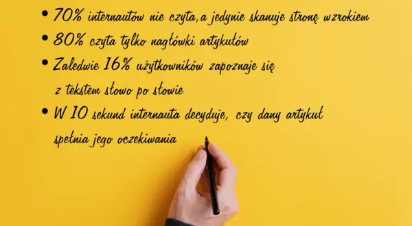 Jak pisać teksty, by przyciągnąć uwagę? 70% internautów skanuje, 80% czyta nagłówki. Tylko 16% czyta słowo po słowie. Decyzja zapada w 10 sekund.