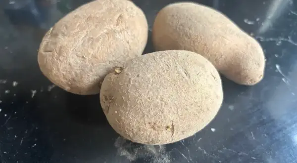 Trzy ziemniaki na czarnym tle. Czy ziemniaki mają gluten? Nie, są naturalnie bezglutenowe.