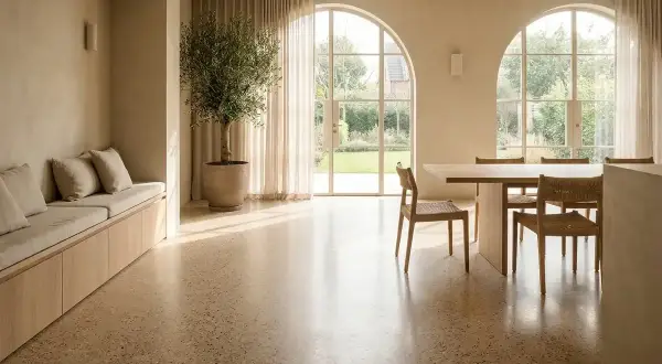 Luminoso soggiorno con pavimento in pastellone veneziano, divanetto imbottito, ulivo in vaso e ampie finestre ad arco che si affacciano sul giardino.