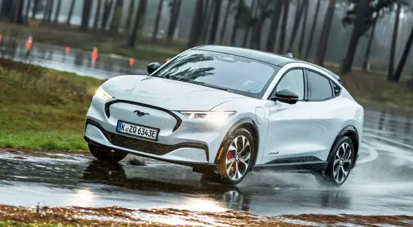 Biały Mustang Mach-E pokonuje kałuże na mokrej drodze, otoczony lasem.