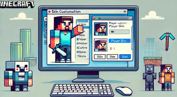 Ekran komputera pokazuje, jak zrobic skina w MC. Steve prezentuje opcje personalizacji postaci w grze Minecraft.