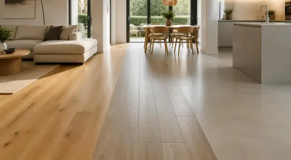 Un soggiorno moderno con pavimenti in legno e resina che si incontrano, creando un contrasto elegante. La resina, materiale versatile, dona un tocco contemporaneo.