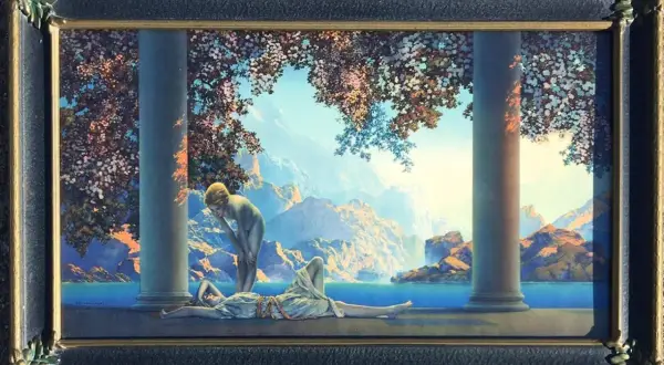 A painting of two figures in a classical setting, bathed in the soft light of daybreak. Mountains and water form a serene backdrop.