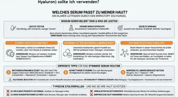 Vitamin C und Hyaluron kombinieren für strahlende Haut. Das Infografik zeigt, wie Seren wirken und welche Inhaltsstoffe für welchen Hauttyp geeignet sind.