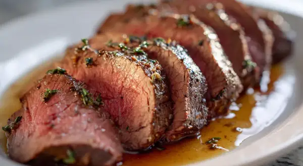 Skivat renskav med örter och sås på en vit tallrik. Perfekt för ett snabbt renskav recept.