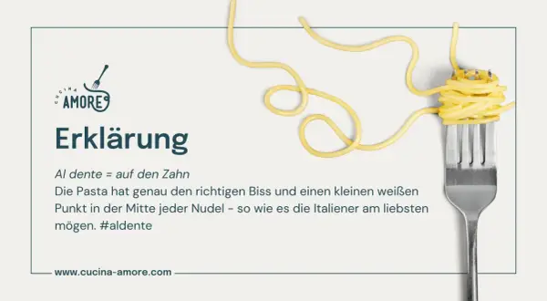 So wie koche ich nudeln? Al dente bedeutet "auf den Zahn". Perfekte Pasta hat Biss, wie auf dem Bild mit der Gabel gezeigt.