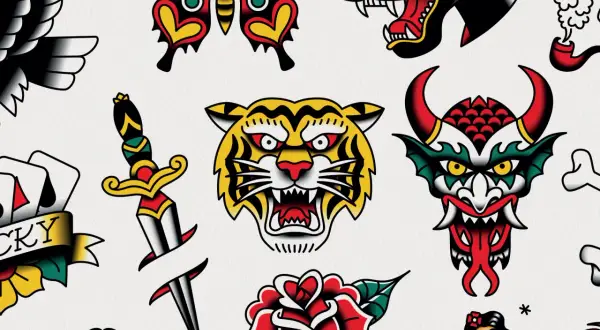 Un tigre rugiente, una rosa, un puñal y un demonio son parte de este diseño de tatuaje estilo old school, con un toque de tatuaje romania.