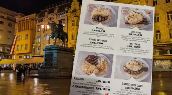 Menu z chorwackim jedzeniem: ćevapčići, pljeskavica i shish ćevapi. Smaki Chorwacji na talerzu.