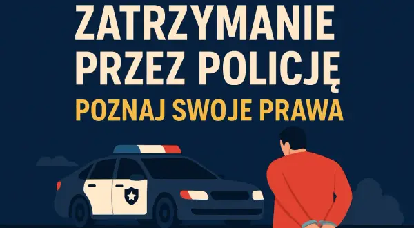 Zatrzymanie przez policję. Mężczyzna w kajdankach stoi przed radiowozem. Poznaj swoje prawa.