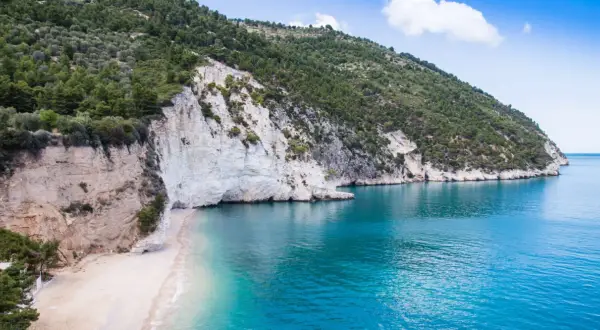 Spiaggia di Vignanotica, con scogliere bianche a picco sul mare turchese e una collina verdeggiante.