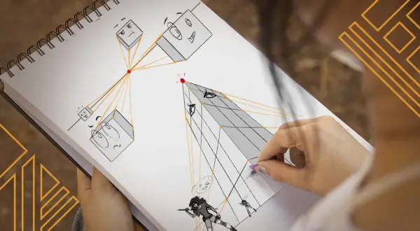 Une main dessine des cubes expressifs et une pyramide dans un carnet, explorant une **idée photo perspective** avec des lignes de fuite.