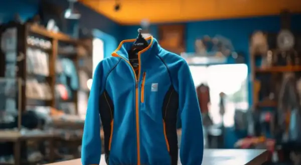 Niebieski polar z pomarańczowymi zamkami, wykonany z miękkiego materiału, idealny na chłodne dni.