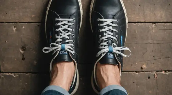 Ciemne, sznurowane buty na drewnianej podłodze. Wyglądają na **za ciasne buty**, co pewnie powoduje **ból palców**.