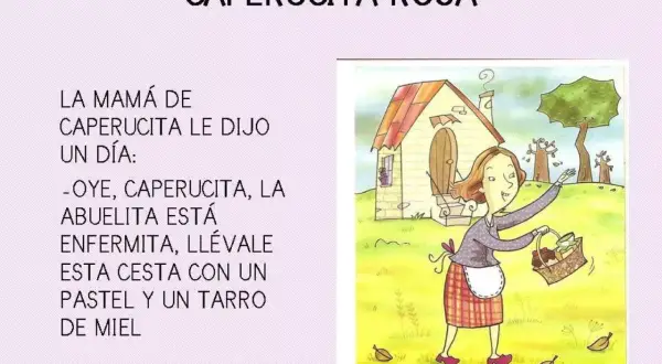 Ilustración de Caperucita Roja. Su mamá le pide que lleve pastel y miel a su abuelita enferma.