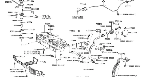 Schemat układu paliwowego Toyota Avensis T25 benzyna. Filtr paliwa (23300J) znajduje się w pobliżu pompy paliwa (77785) i zbiornika paliwa (77100).
