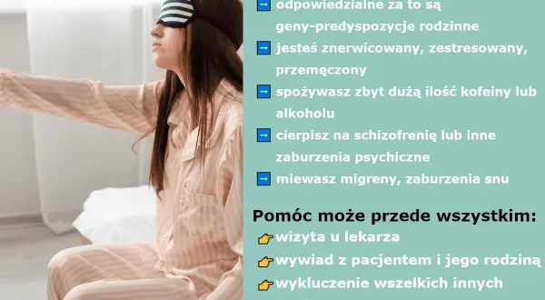 Kobieta w piżamie z opaską na oczach, siedząca na łóżku. Obok lista przyczyn lunatykowania: geny, stres, kofeina, alkohol, zaburzenia psychiczne, migreny.