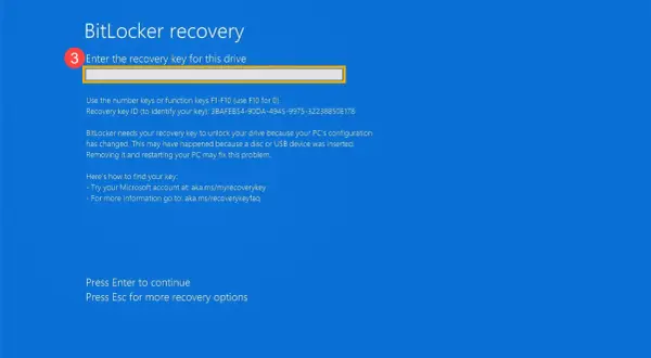 Ekran odzyskiwania BitLocker. Wpisz swój klucz odzyskiwania BitLocker, aby odblokować dysk.