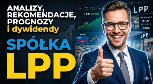 Analizy, prognozy i dywidendy spółki LPP. Uśmiechnięty mężczyzna pokazuje kciuk w górę na tle wykresów giełdowych i sklepów.